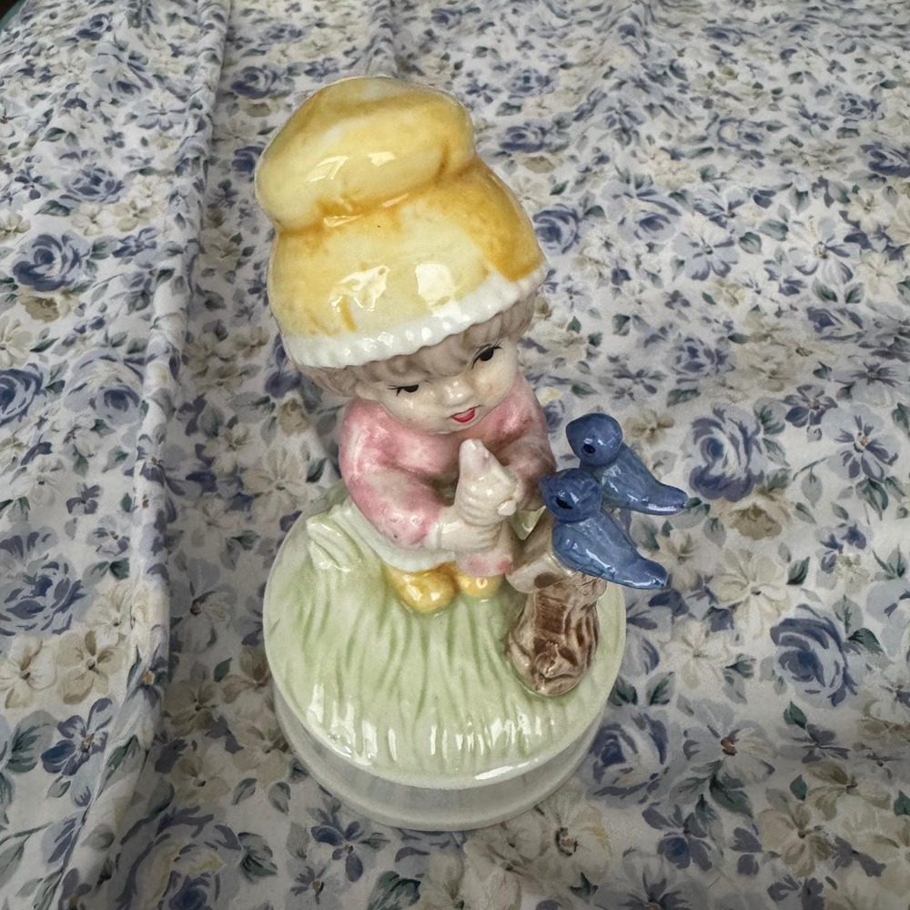 Vintage Ceramic Girl with Birds Music Box Figurine Cottagecore Decor